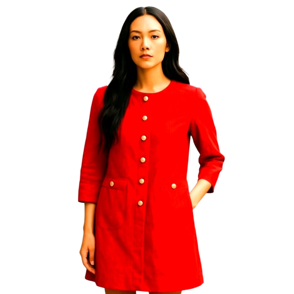 Talbots Petites Women's Sheath Dress Gold Button 3/4 Sleeve Linen Red Size 2P‎